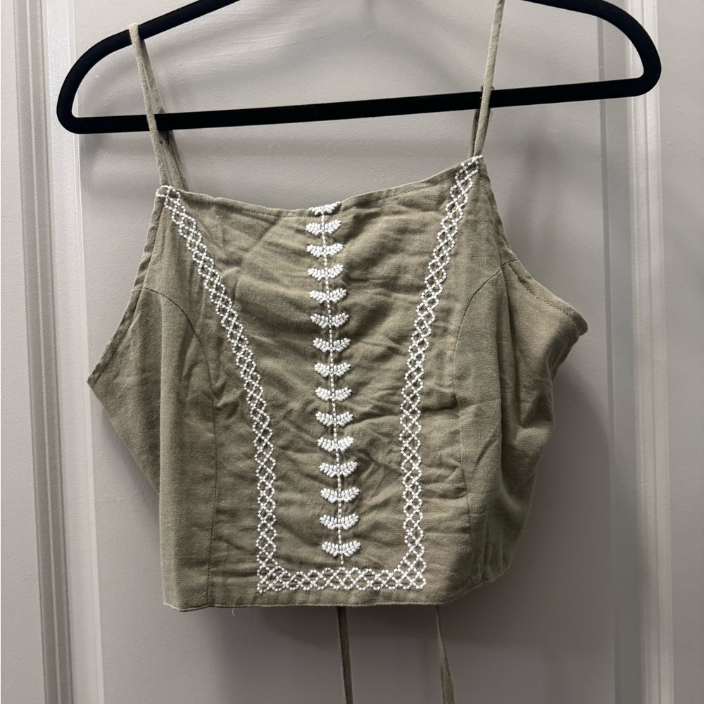 Sage Olive Camisole with White Embroidery